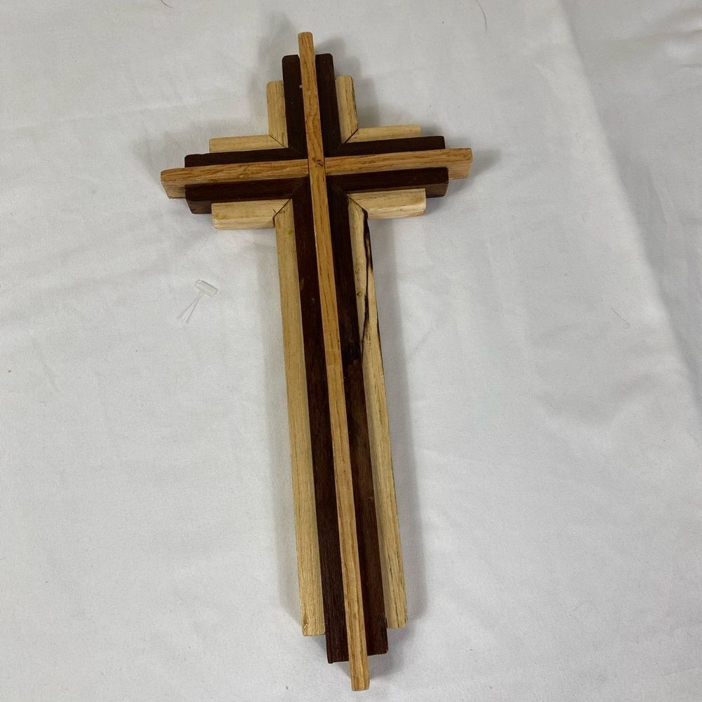 Handcrafted Two-Tone Wooden Cross Wall Sculpture – Natural and Dark Wood